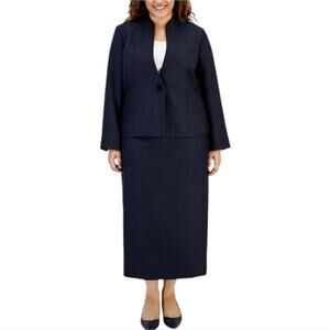 Le Suit Plus Size 16 W Shimmer Tweed Jacket & Midi Skirt Navy Blue New